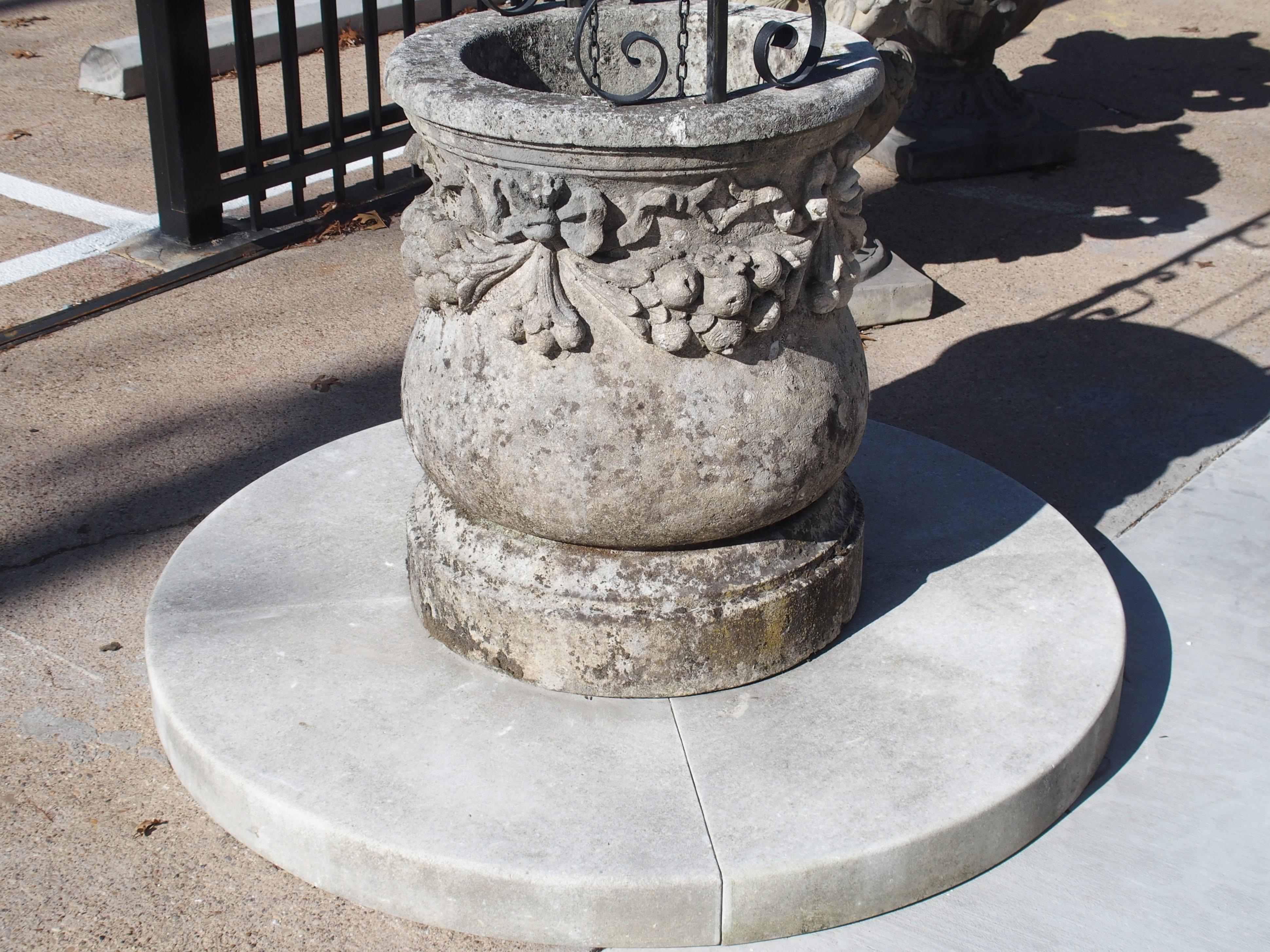 Hand-Carved Carved Italian Limestone Well with Iron Overthrow