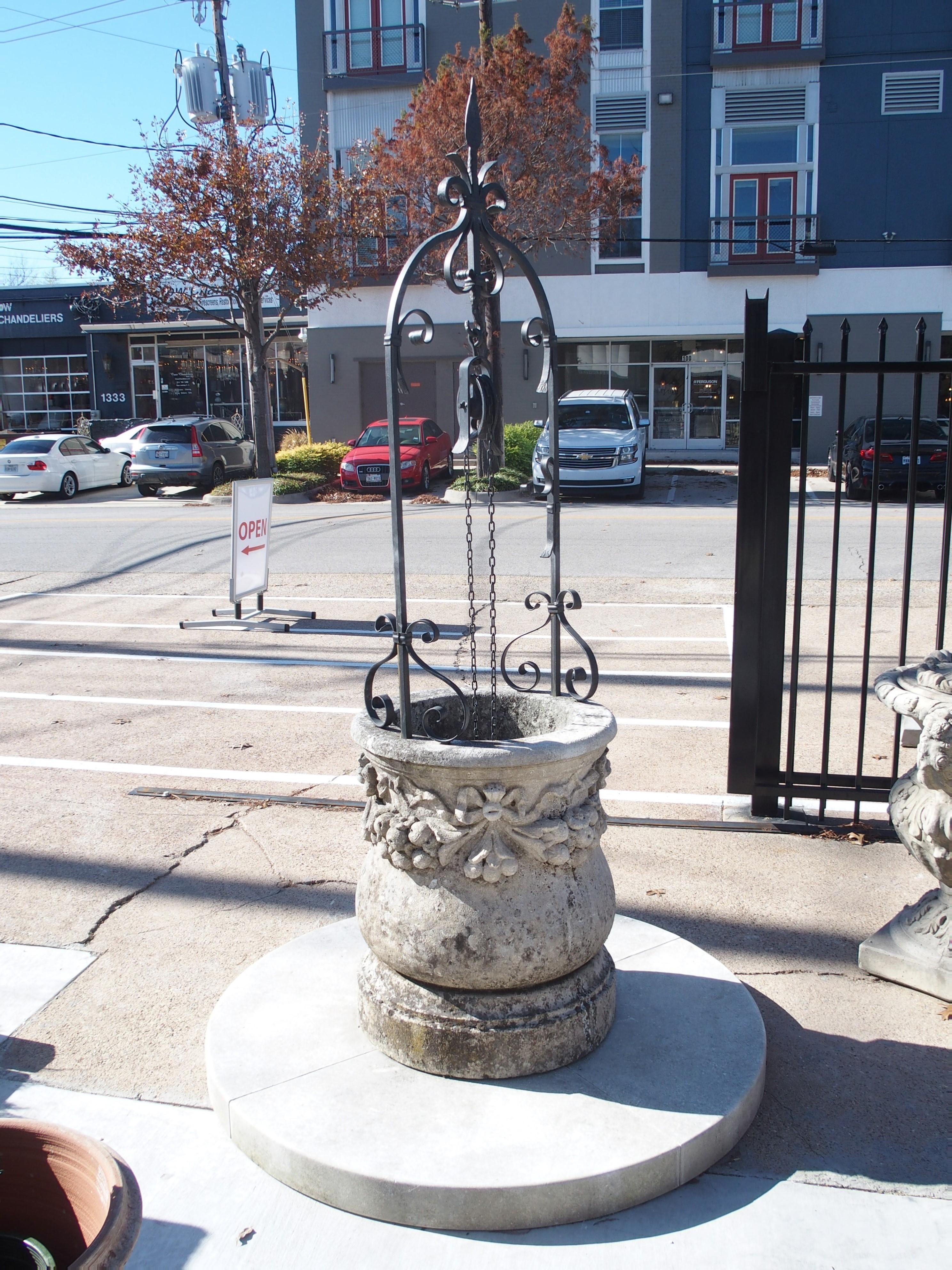 Carved Italian Limestone Well with Iron Overthrow 3