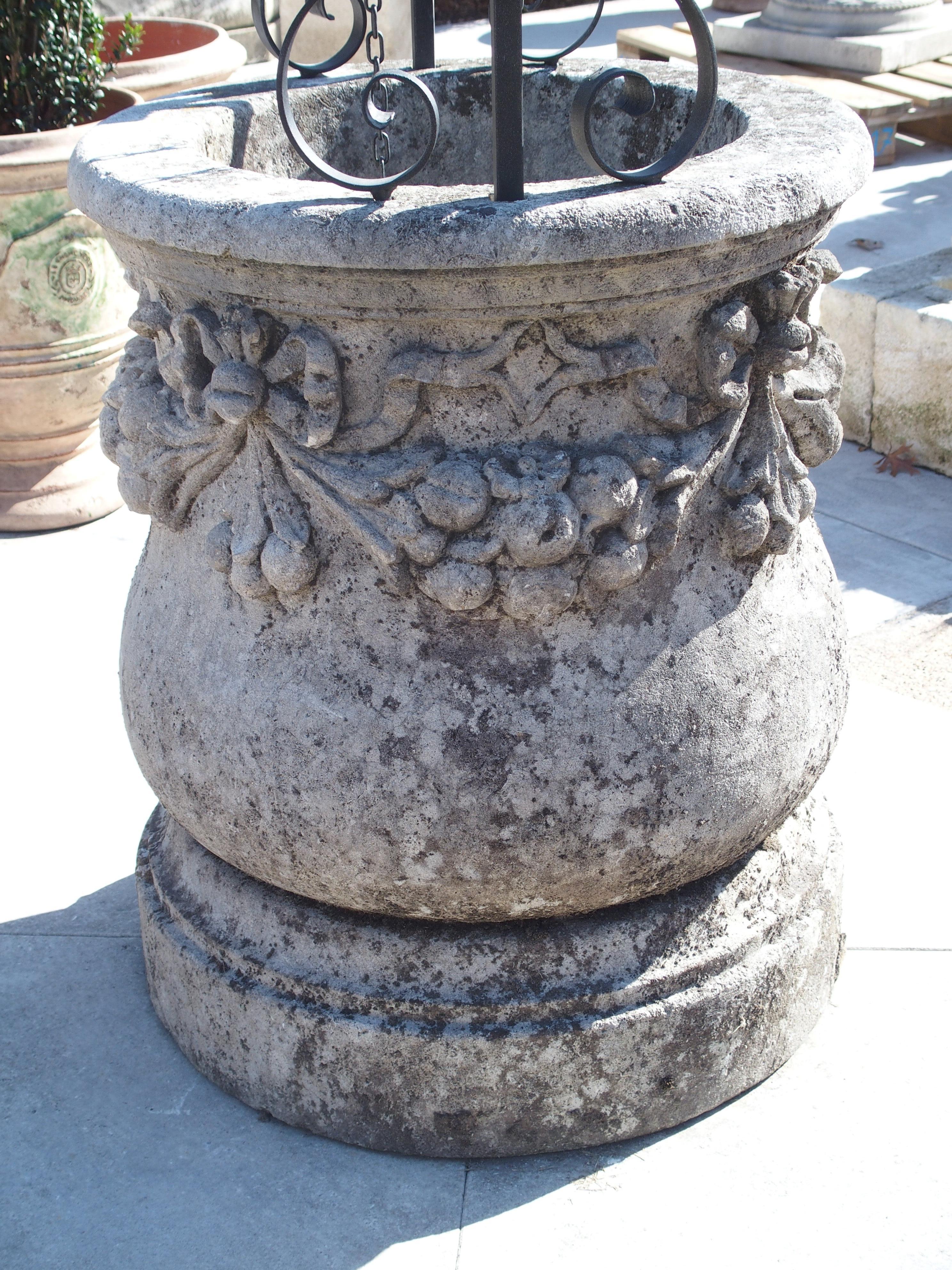 Carved Italian Limestone Well with Iron Overthrow 4