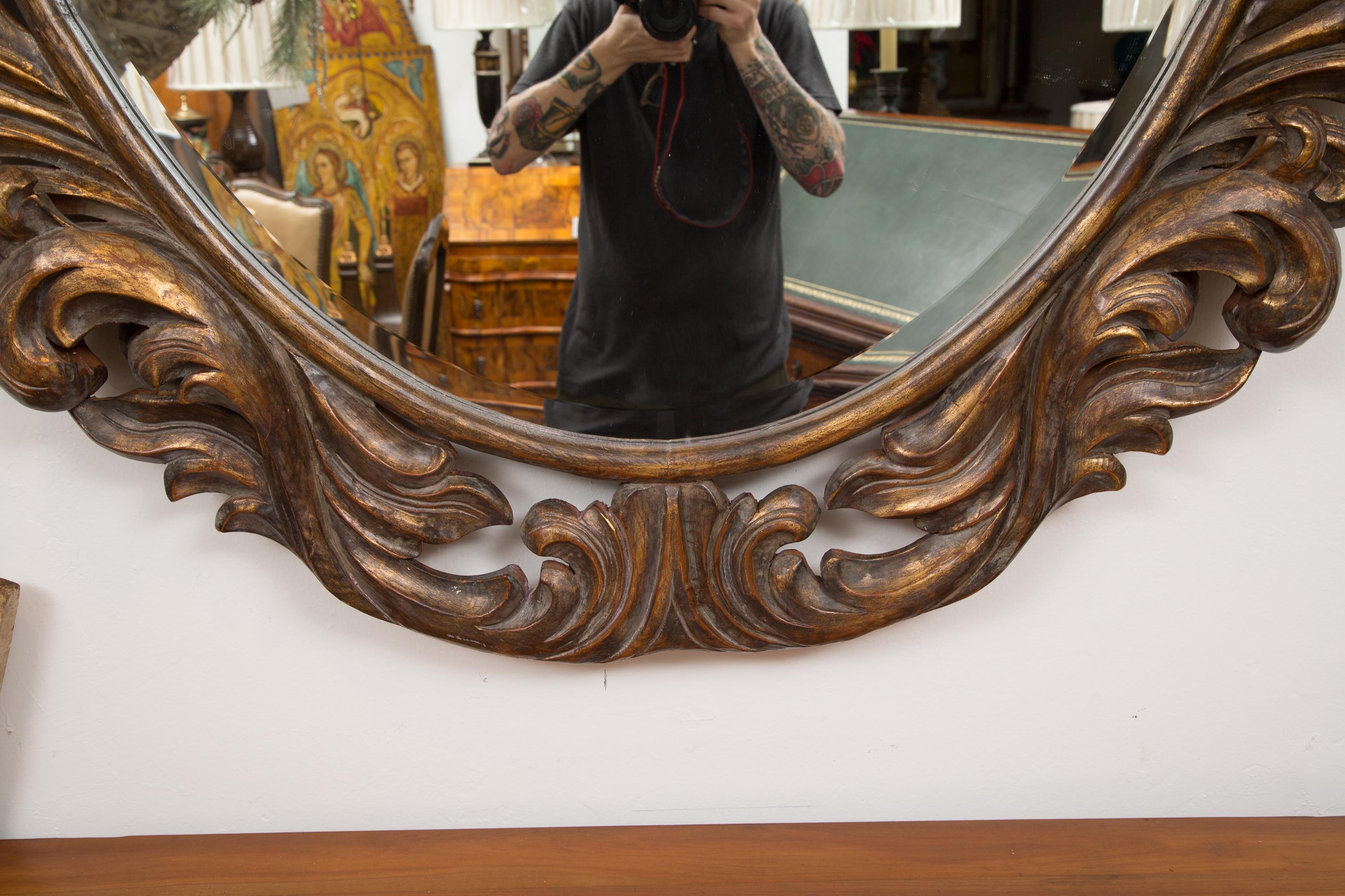 Hand-Painted Carved Italian Oval Burnished Pine Mirror For Sale