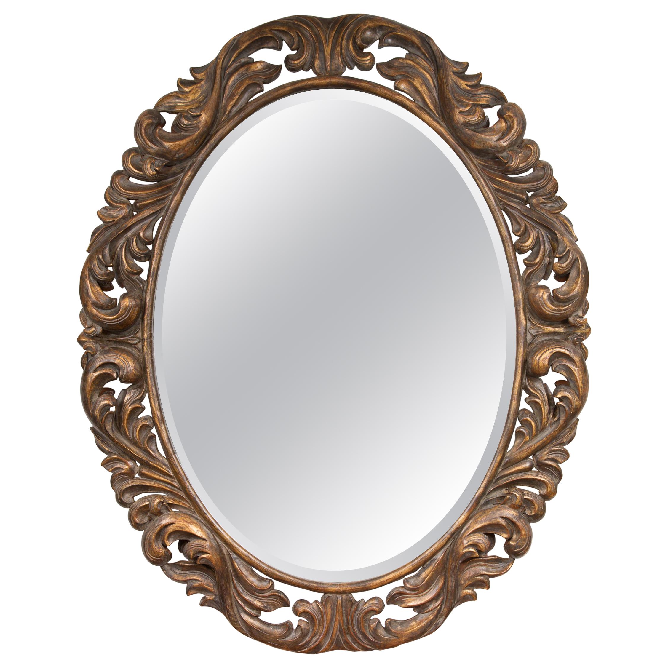 Carved Italian Oval Burnished Pine Mirror For Sale