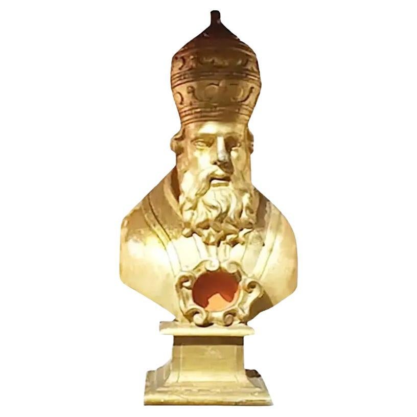 Large carved wood and with original gilding of Pope Gregory with a mitre shaped like a crown. Circa 1820, Italian.

The wood surround, 18th century Rocco highly carved with leaves is not included in sale of bishop with mitre.