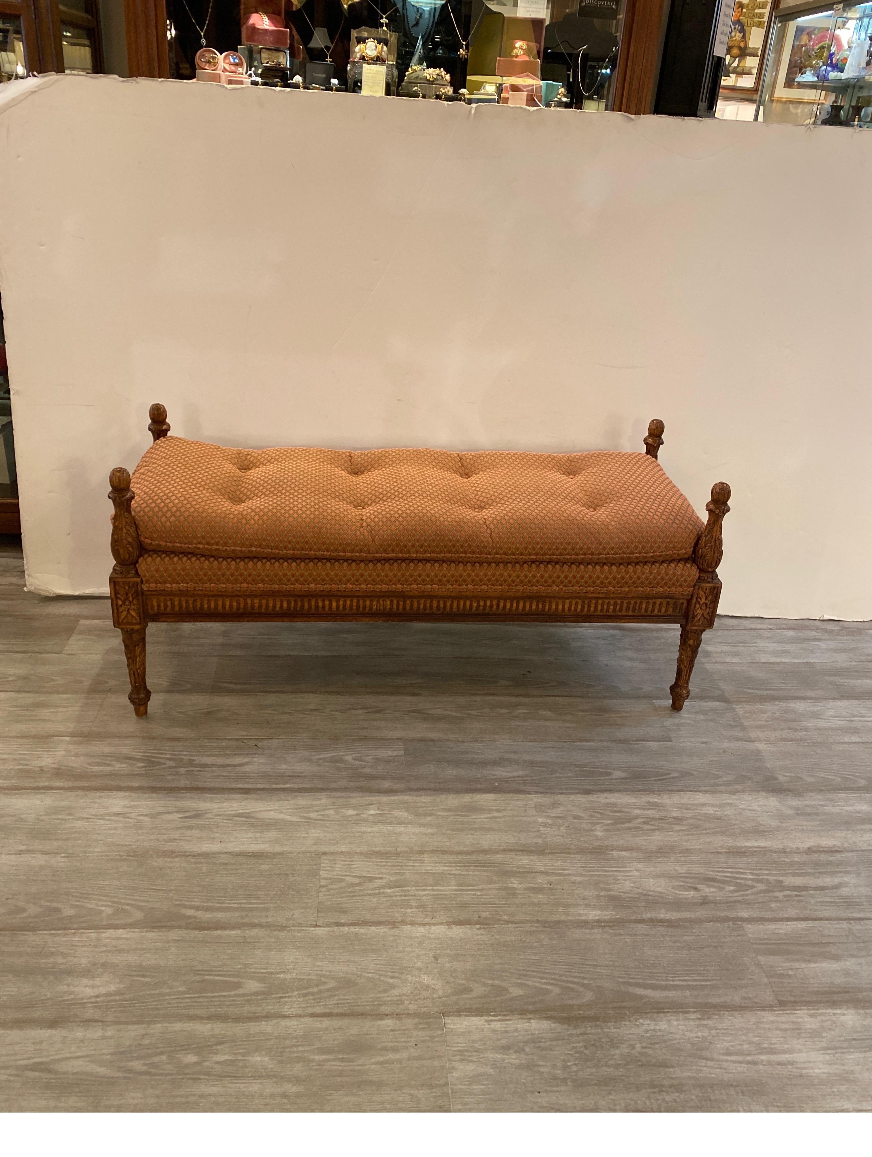 Carved Italian Provincial Down and Feather Cushioned Bench In Excellent Condition In Lambertville, NJ
