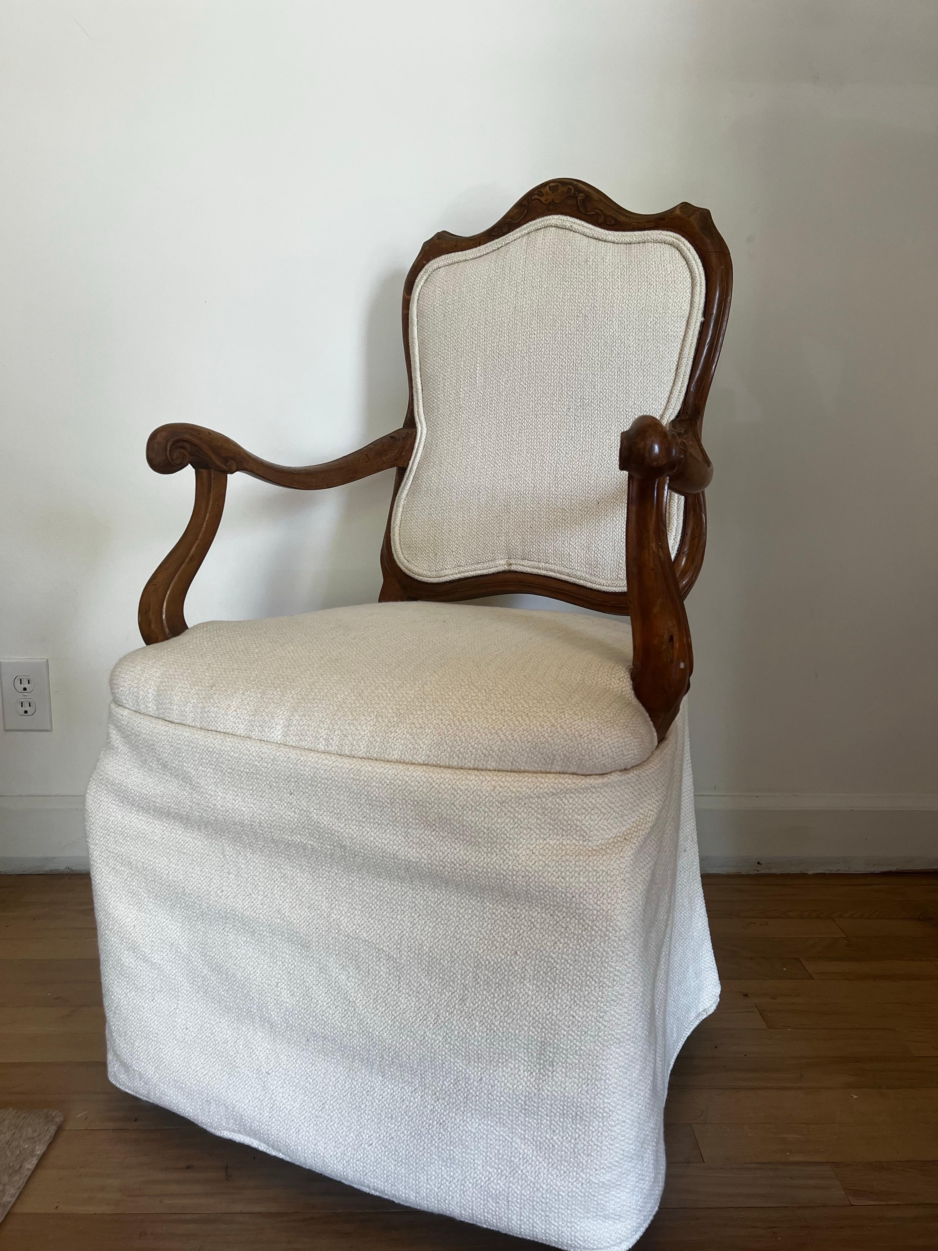 Fabric Carved Italian Skirted Armchair For Sale