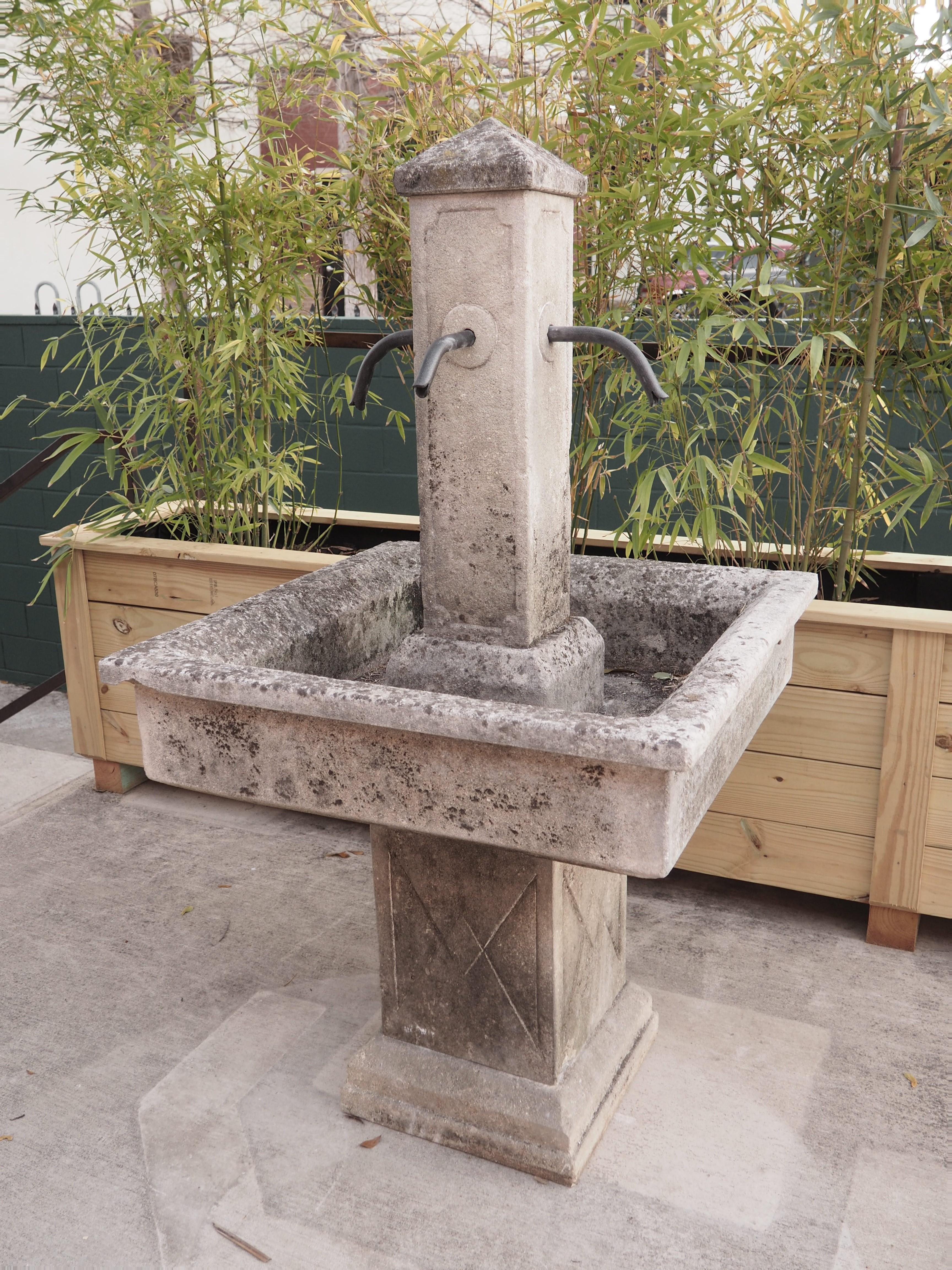 Our unique standing center fountain has an elevated basin above a rectangular pedestal. A rectangular column with a pyramid finial rises from the center of the five-inch-high square basin. Each side of the column has an elongated rectangular molding