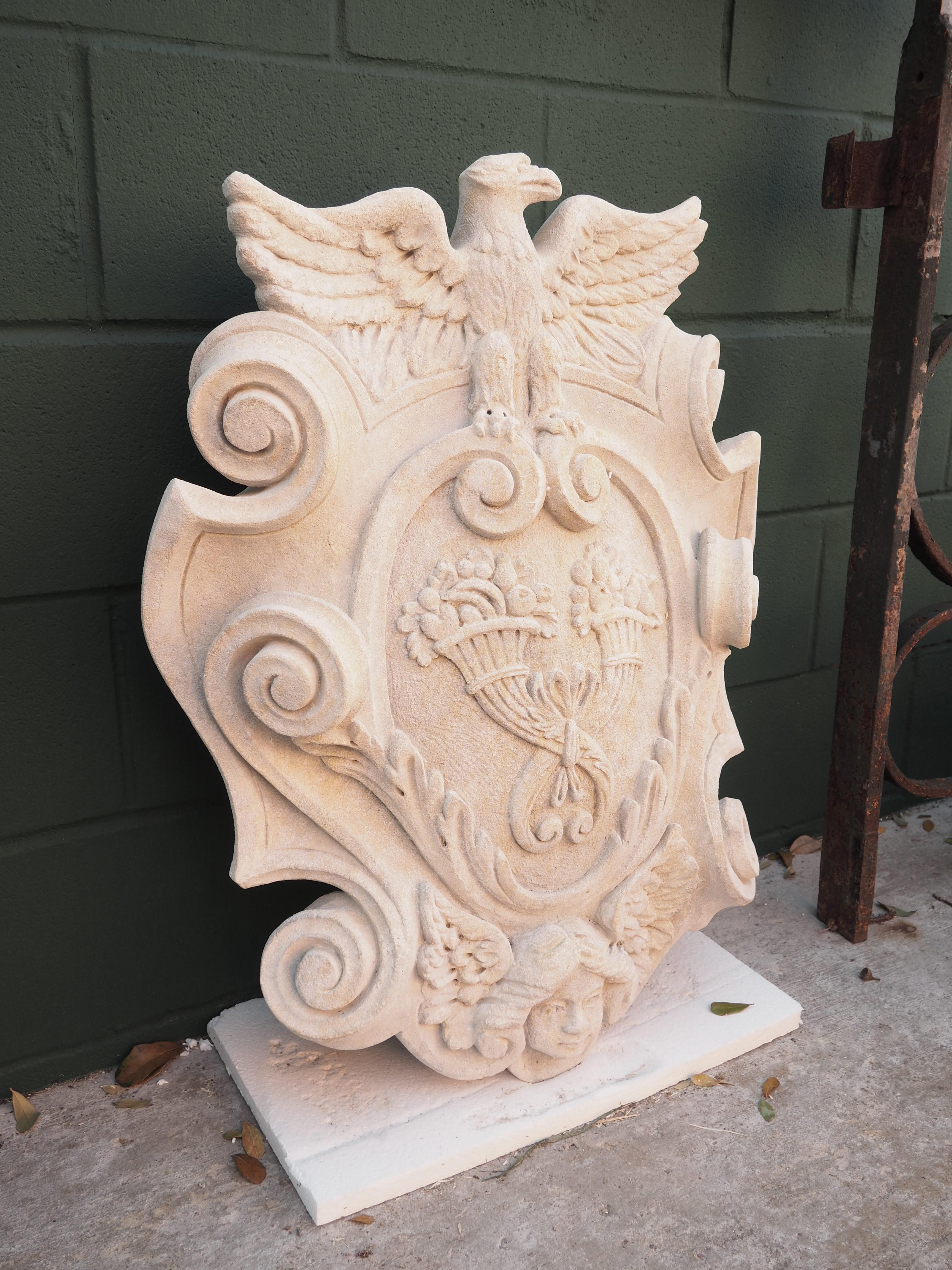 Hand-Carved Carved Italian Stemma Plaque with Cornucopias, Eagle, and Winged Angel For Sale