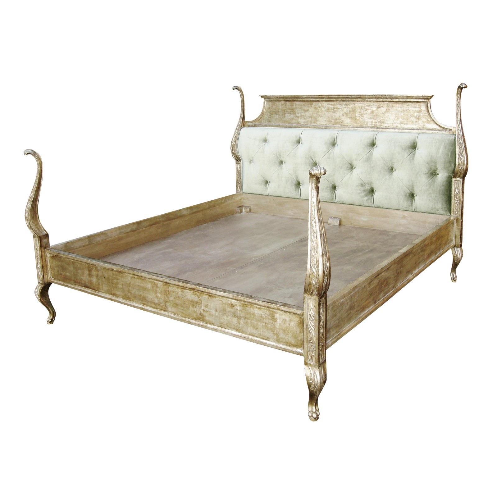 Carved Italian Venetian queen size bed by Randy Esada

Venetian bed, queen tall size
Finish: 23-karat distressed white gold
Fabric: 3-4 Yards Plain.