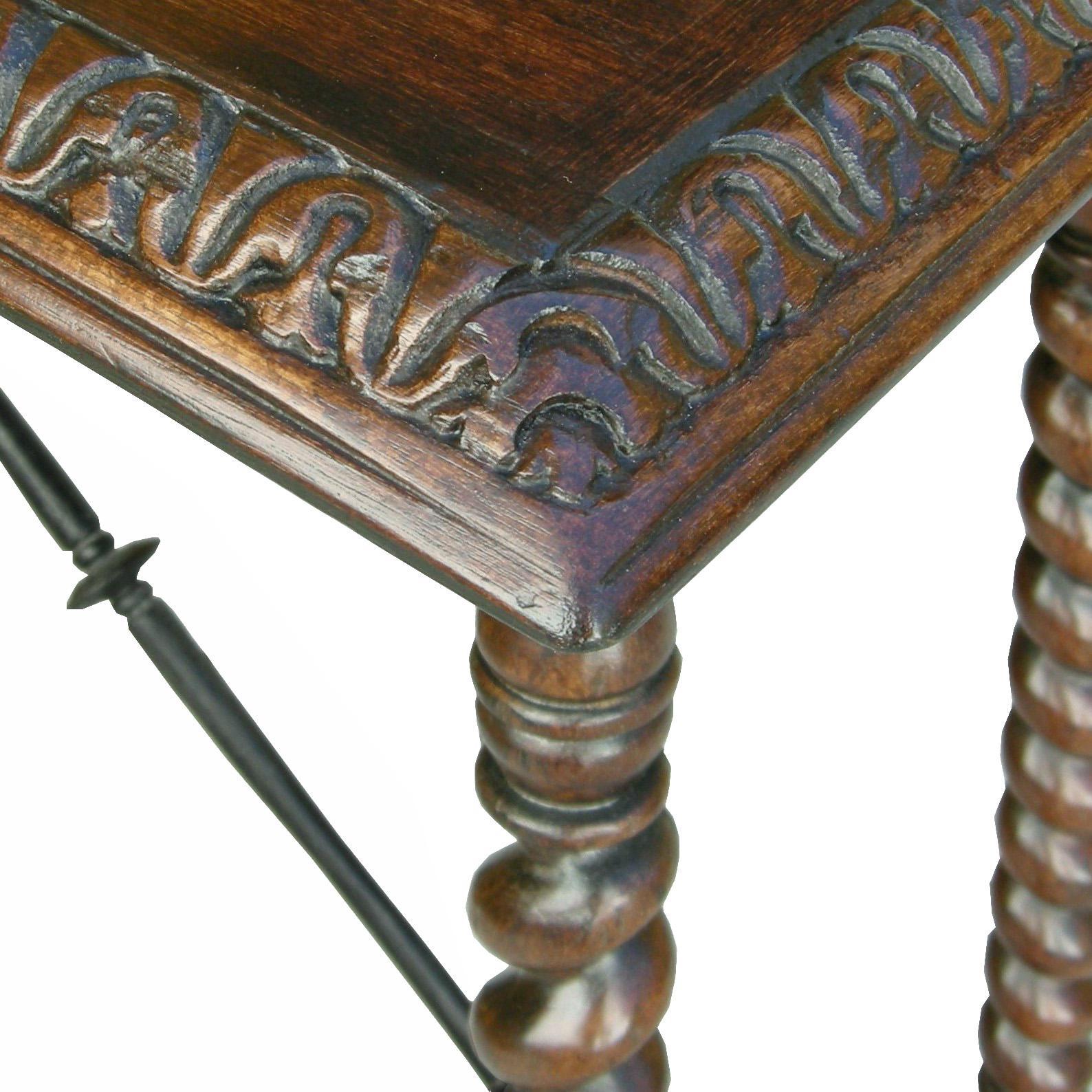 Spanish Colonial Carved Italian Walnut and Wrought Iron Sorrento Side Table by Randy Esada For Sale