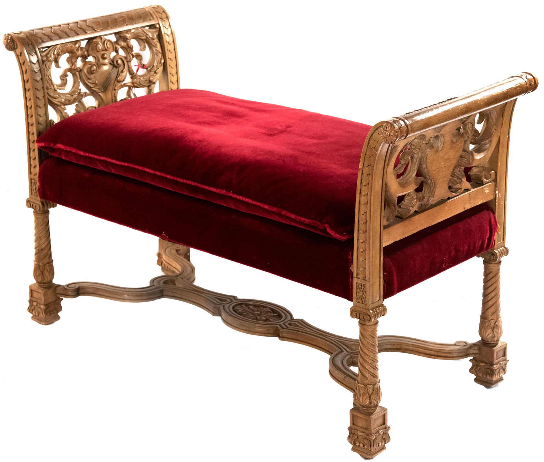 Carved Italian White Oak Renaissance Revival Bench with Red Velvet Cushion In Good Condition For Sale In Salt Lake City, UT