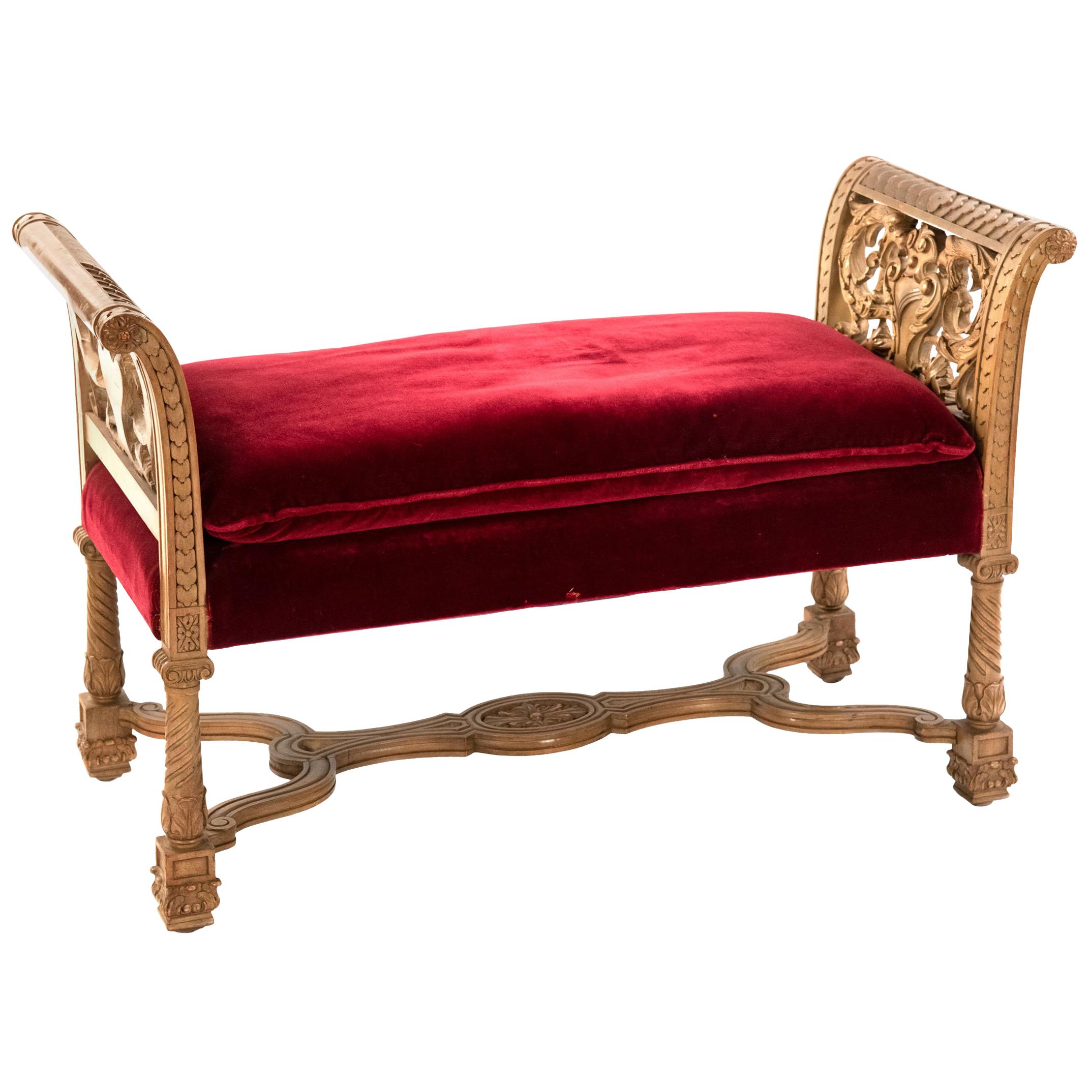 Carved Italian White Oak Renaissance Revival Bench with Red Velvet Cushion