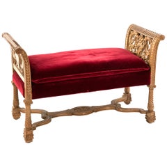 Carved Italian White Oak Renaissance Revival Bench with Red Velvet Cushion