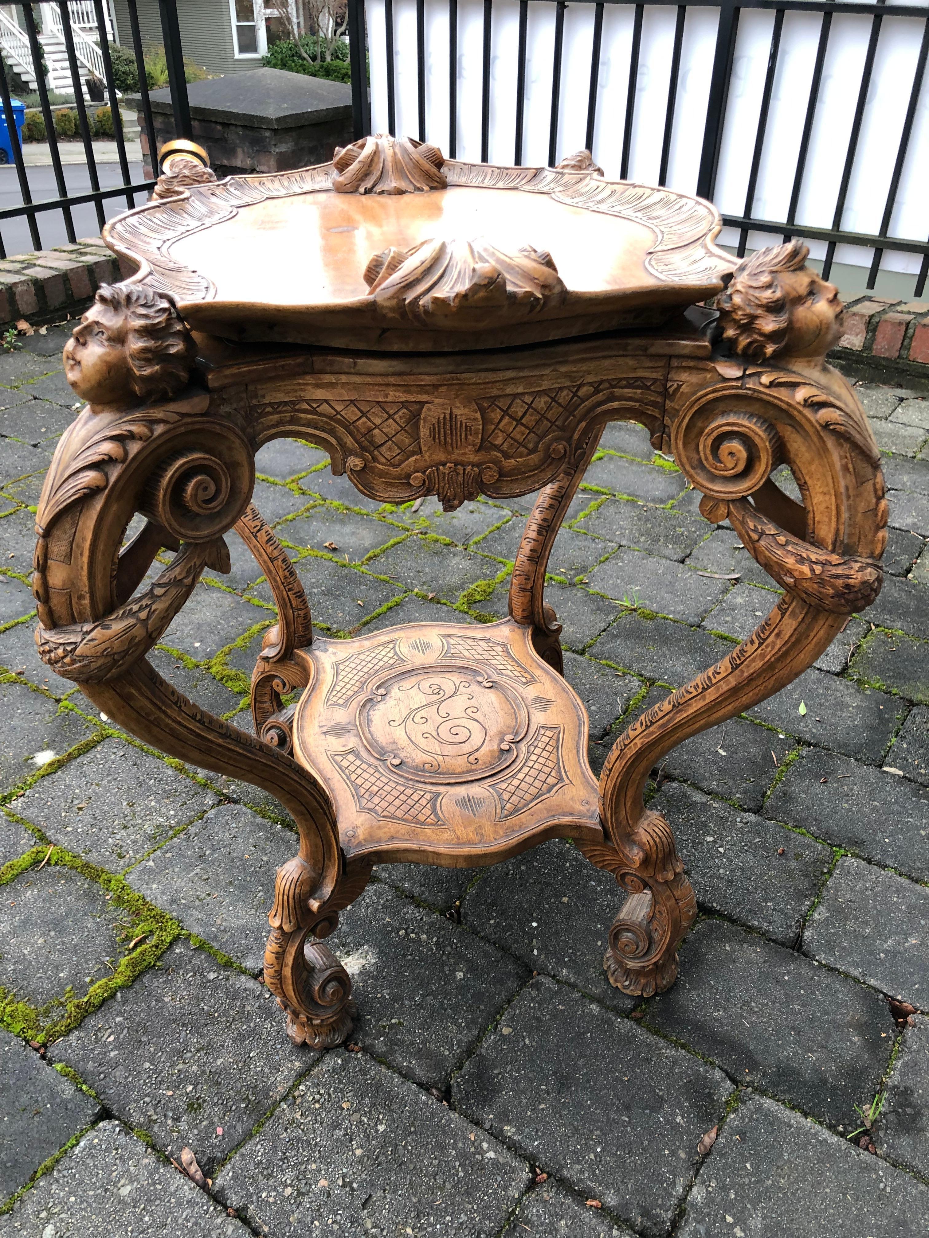 Carved Italian Wood Tray Table with Cherrubs, Scrolls, Removable Top For Sale 3