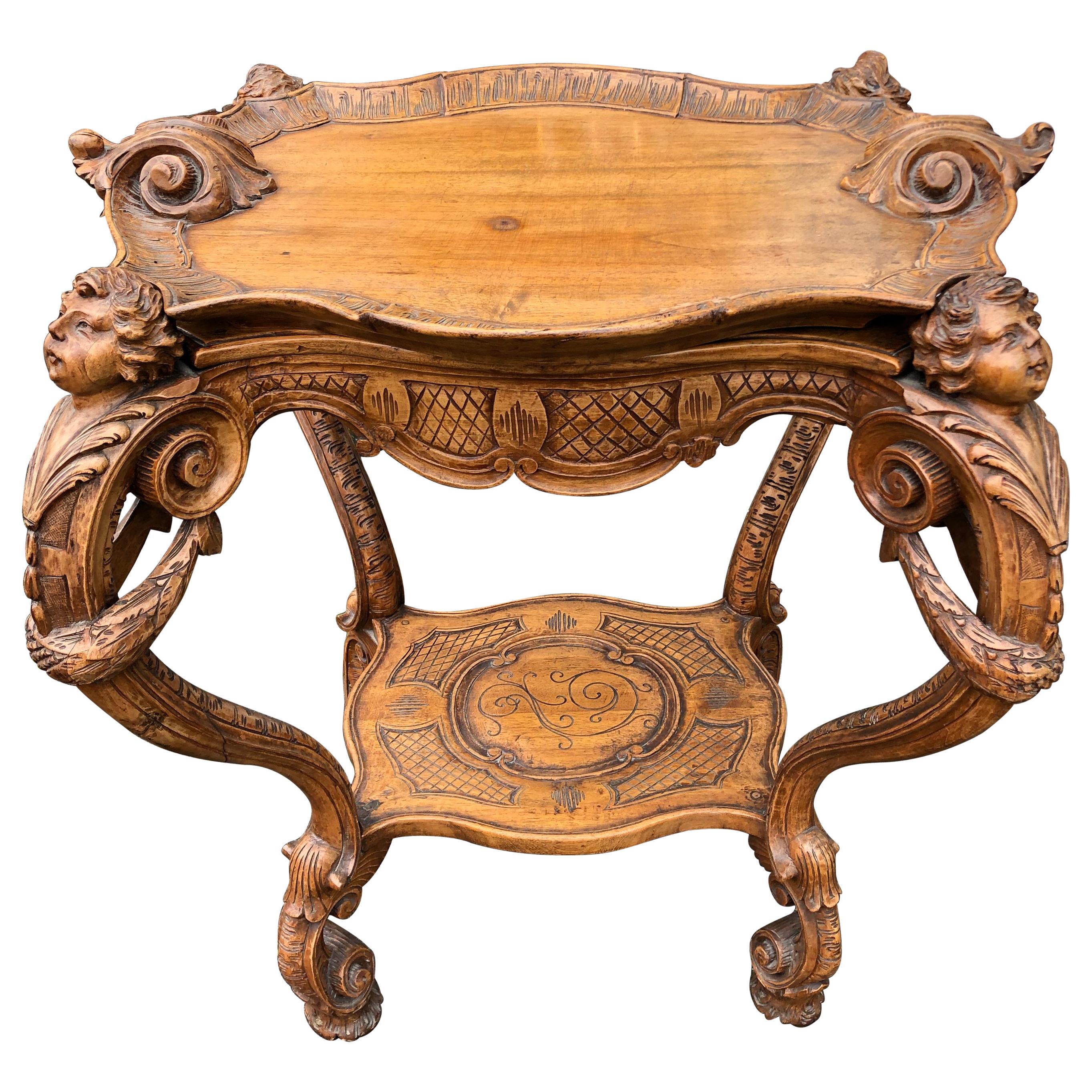 Carved Italian Wood Tray Table with Cherrubs, Scrolls, Removable Top For Sale