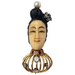 Carved Asian Face Set in 14k Gold Pin w Diamonds Rubies Sapphire and Pearl