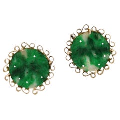 Carved Jade & 14k Yellow Gold Antique Stud Earrings