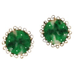 Carved Jade & 14k Yellow Gold Vintage Stud Earrings