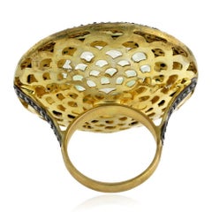 Carved Jade 18k Gold Ring with Filgree Work Equipped by Fancy Diamonds & Emerald