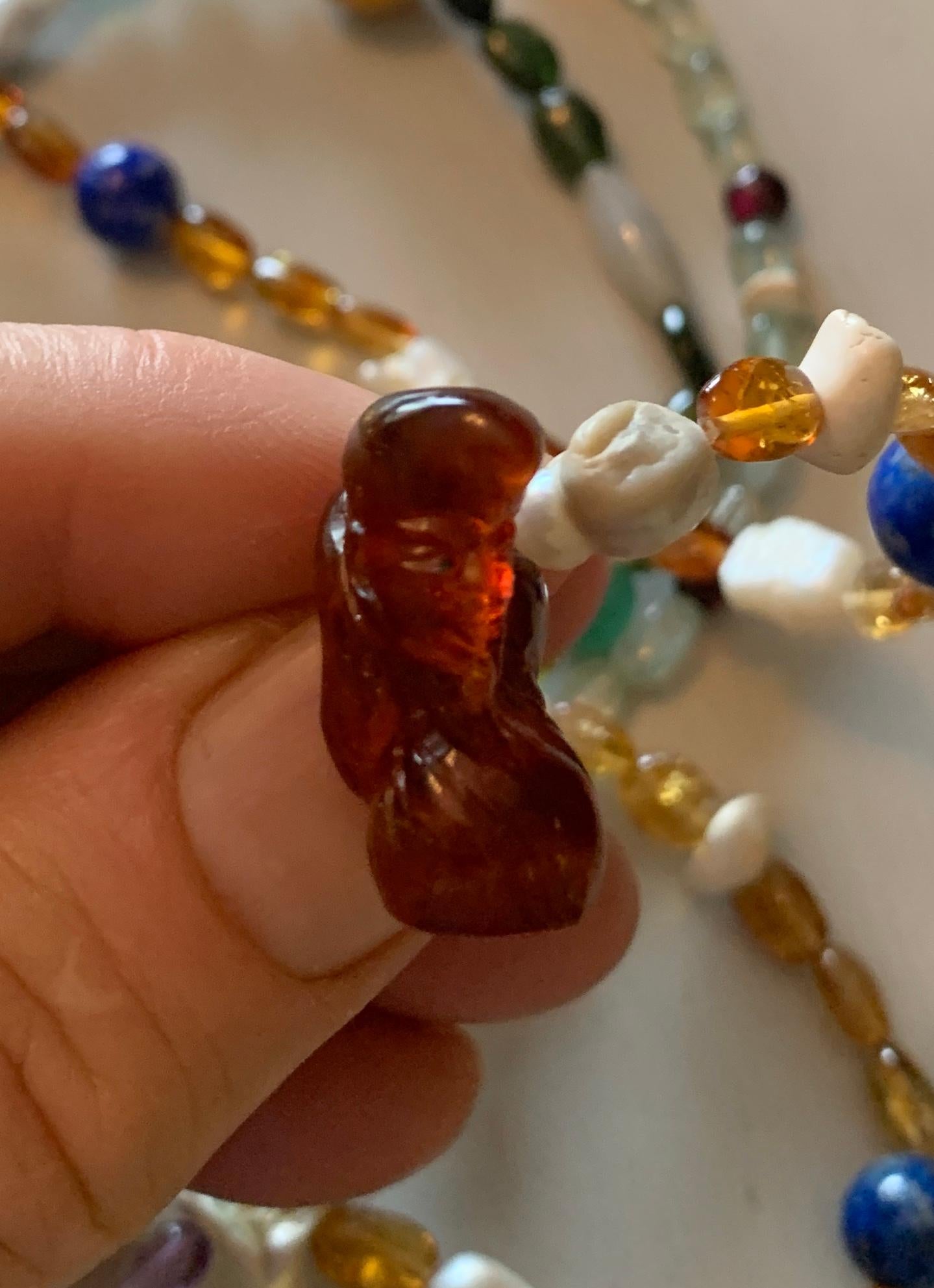 Carved Jade Amber Coral Citrine Charm Necklace Rabbit Monkey Koi For Sale 3