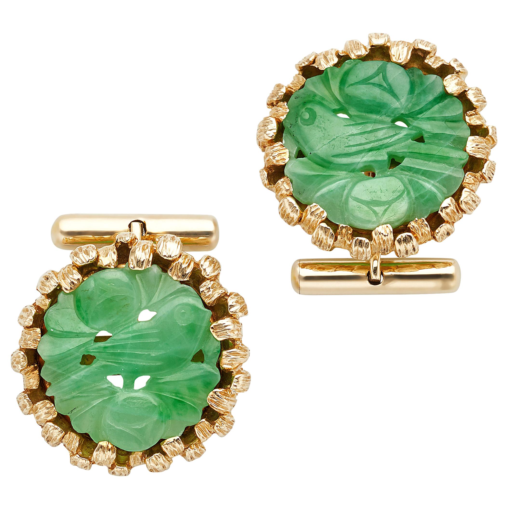 Carved Jade and 14 Karat Yellow Gold Cufflinks