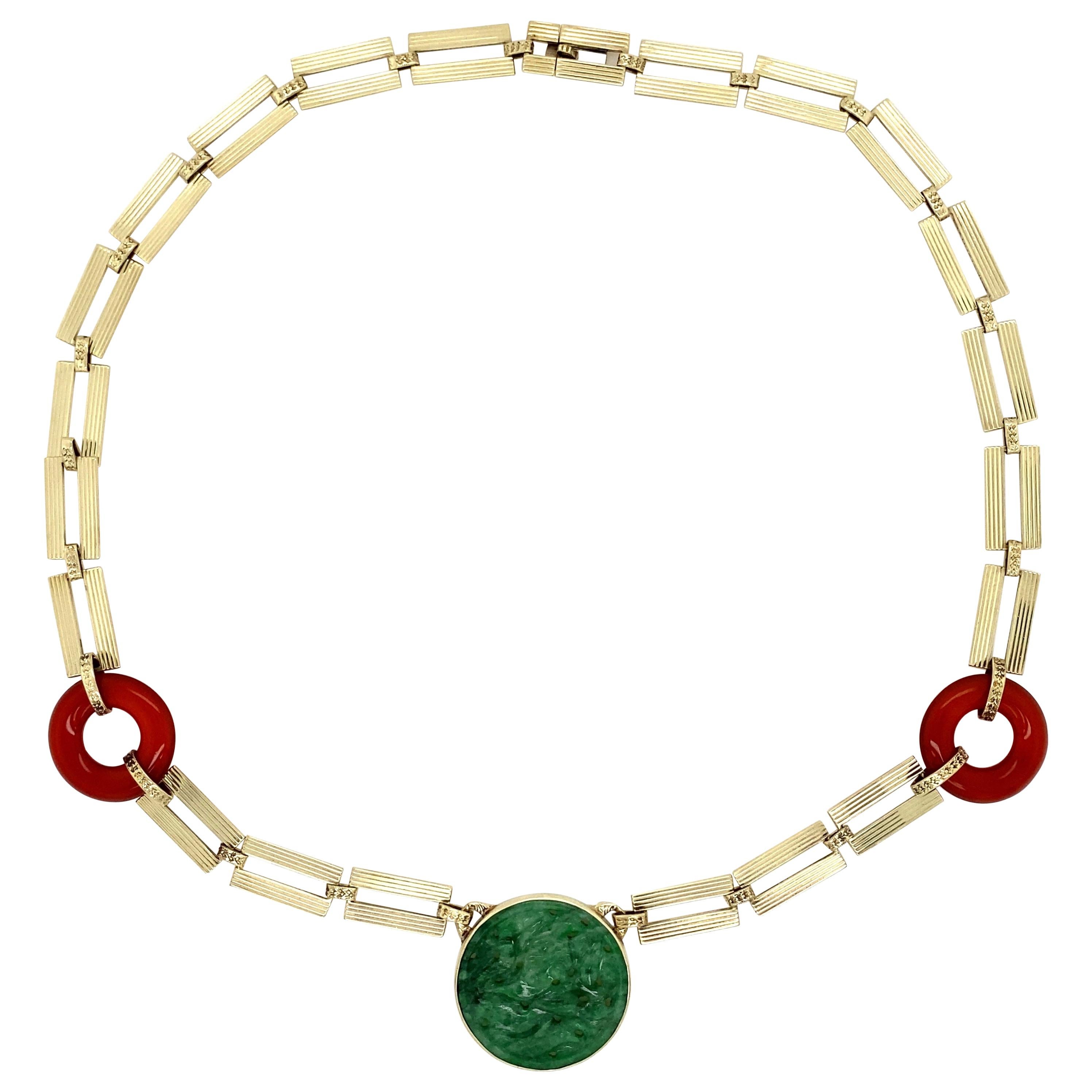 Carved Jade and Carnelian Retro Gold Collar Necklace Estate Fine Jewelry