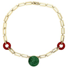 Carved Jade and Carnelian Retro Gold Collar Necklace Estate Fine Jewelry