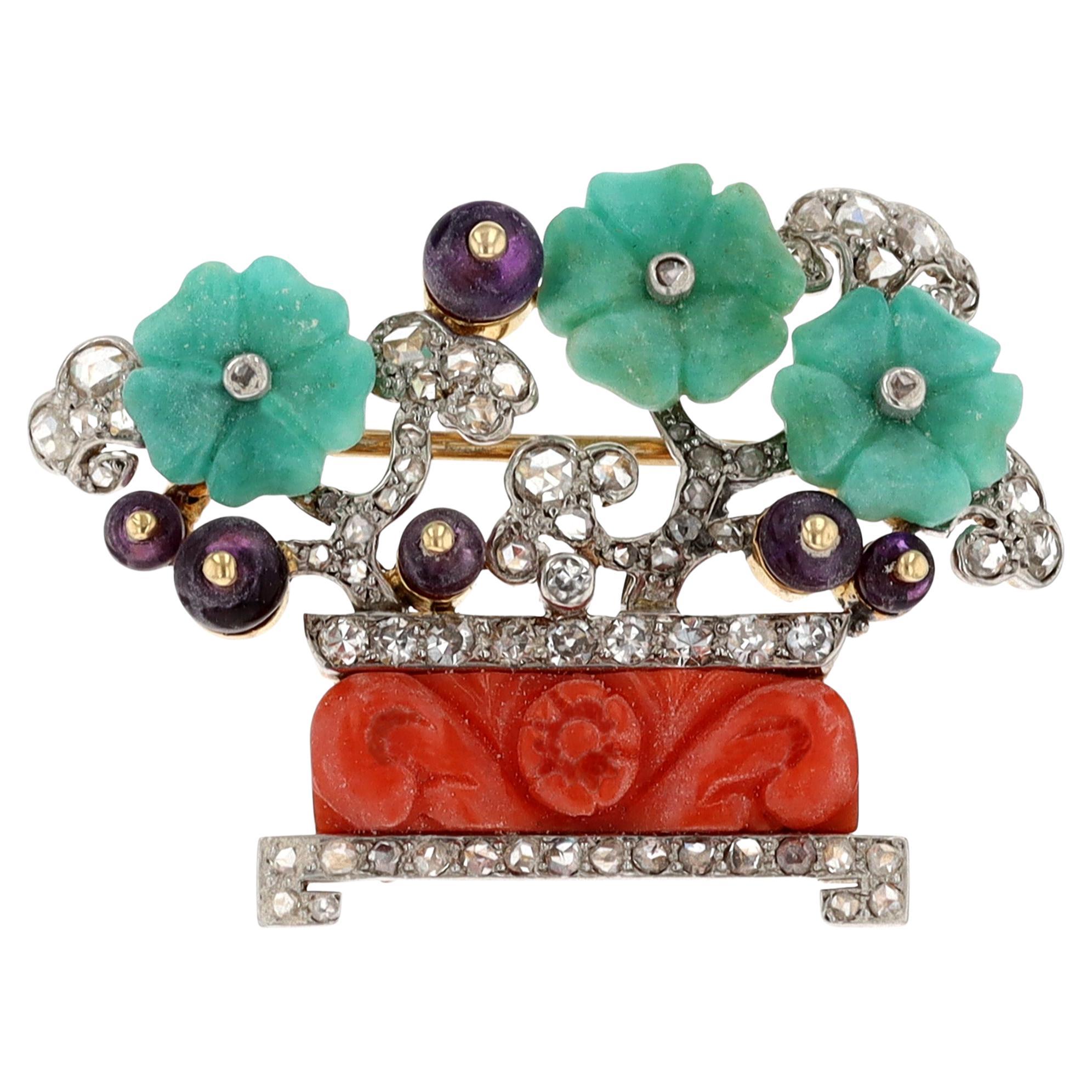 Carved Jade and Coral Brooch by Cartier