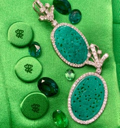 Carved Jade and Diamond Pendant Earrings