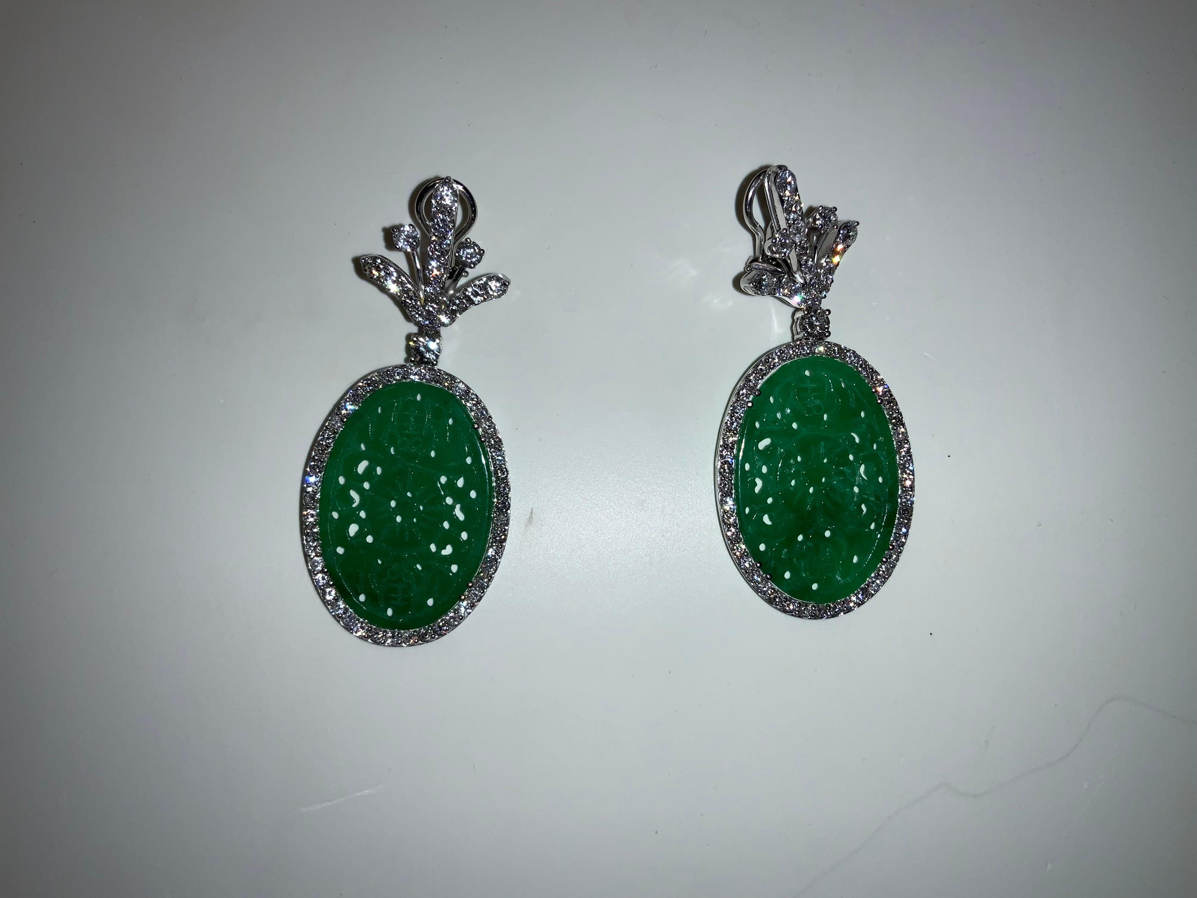 Contemporary Carved Jade and Diamond Pendant Earrings For Sale