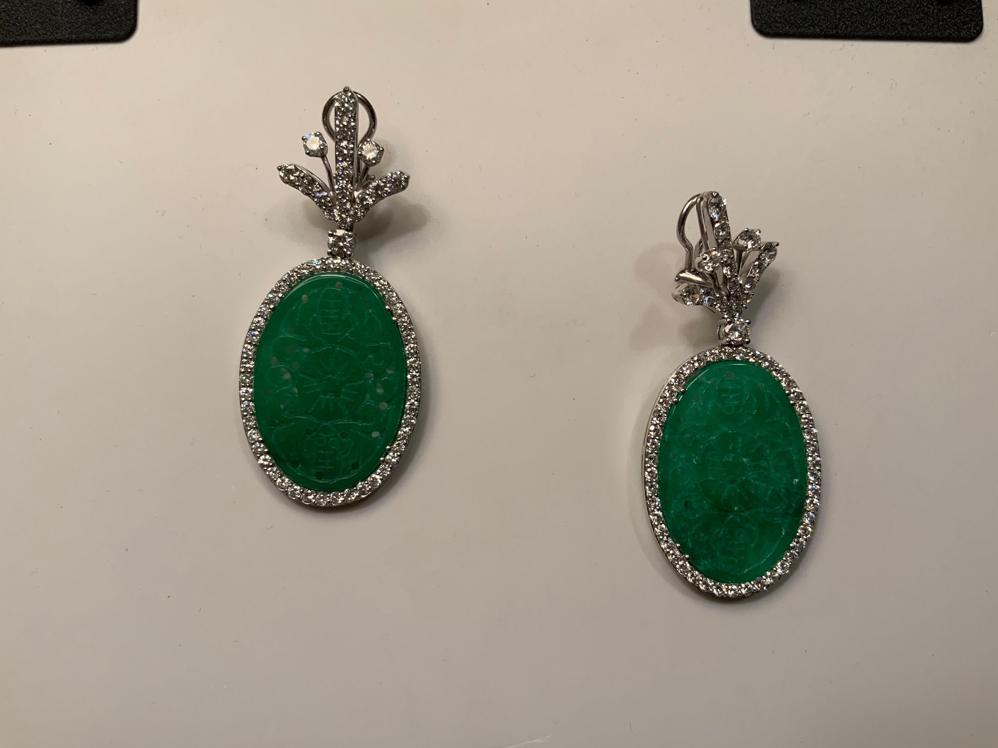 Round Cut Carved Jade and Diamond Pendant Earrings For Sale