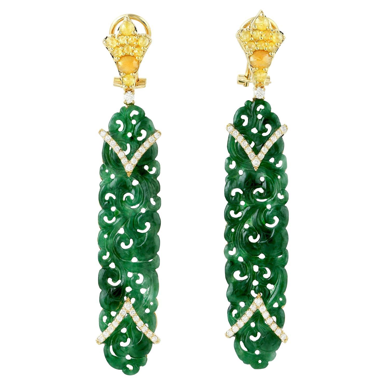 Carved Jade and Diamonds Earrings 26.17 Carats 18K Yellow Gold For Sale