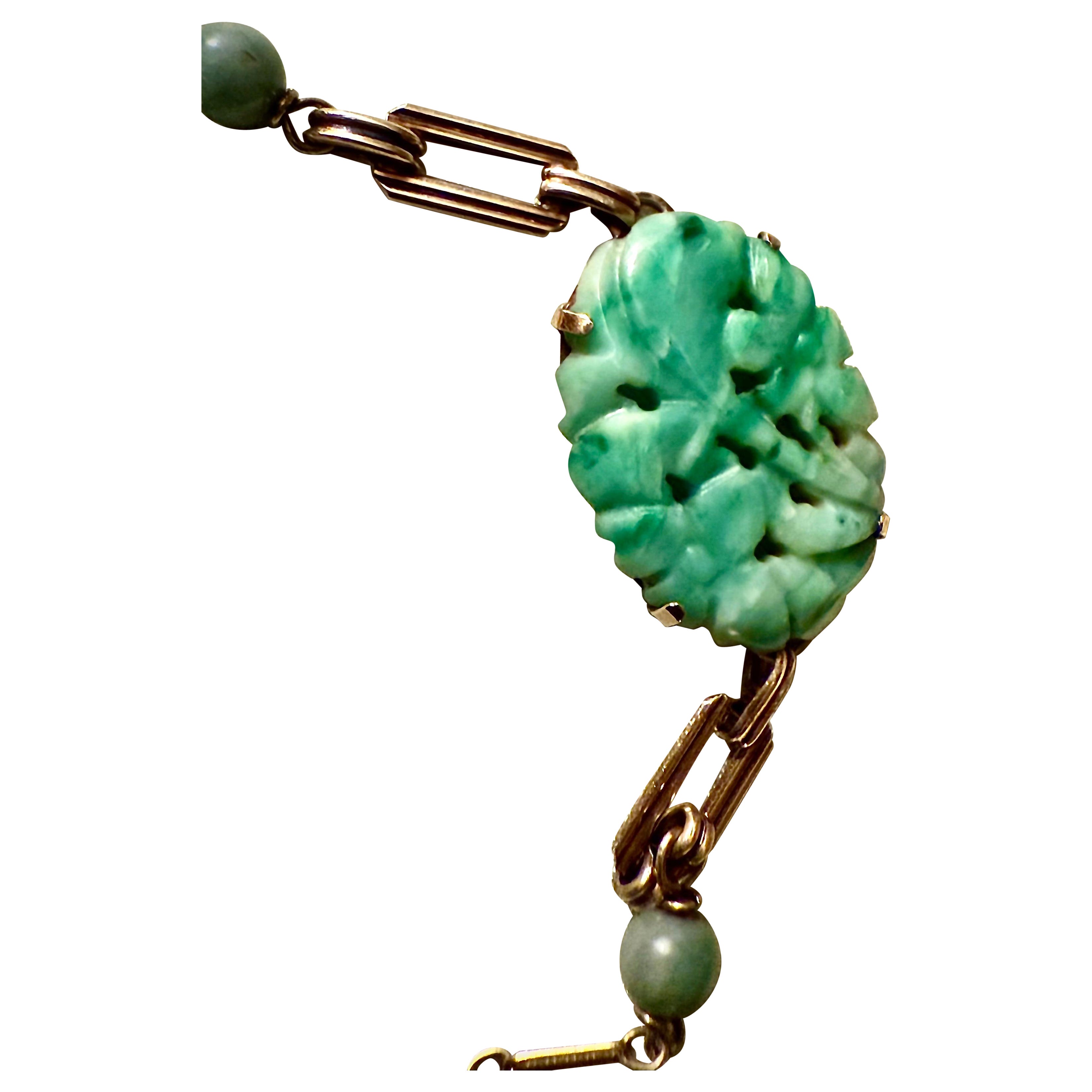 Carved jade and gold delicate Art Deco bracelet