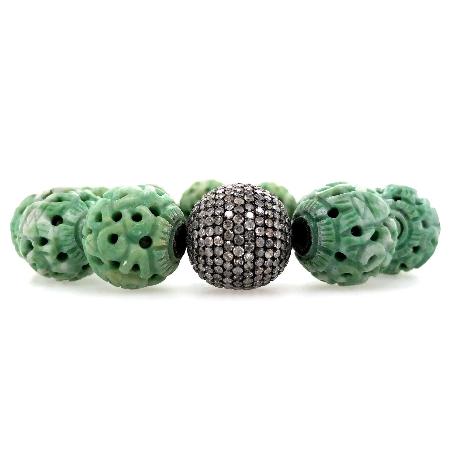 Modern Carved Jade and Pave Diamond Stretchable Bracelet in Silver For Sale
