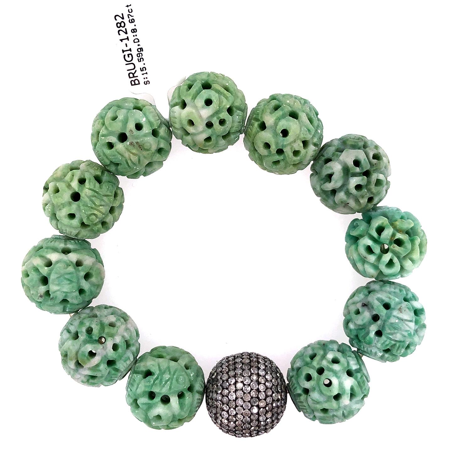 Round Cut Carved Jade and Pave Diamond Stretchable Bracelet in Silver For Sale
