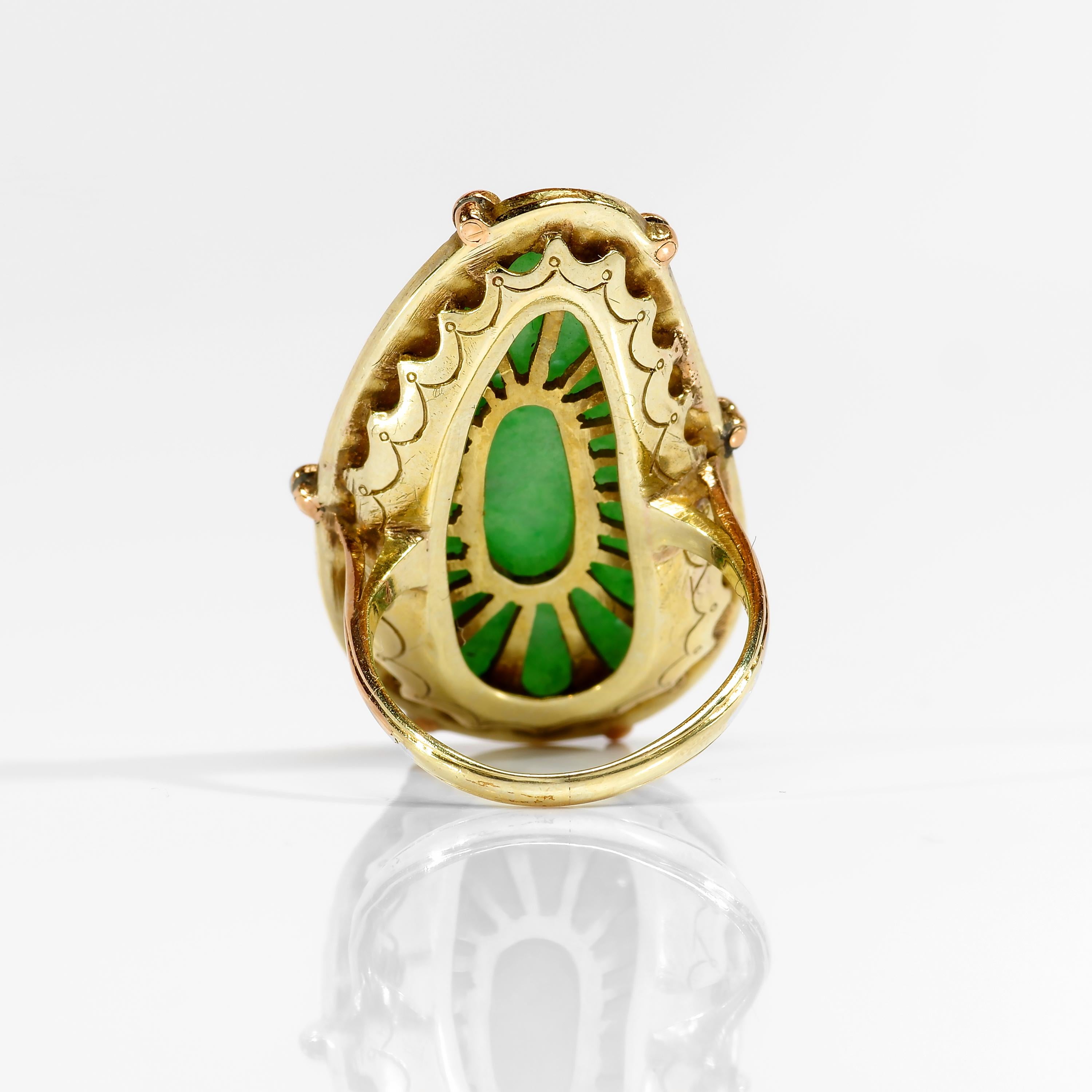 Uncut Carved Jade and Pearl Ring in Gold Certified Untreated Art Deco