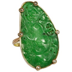 Carved Jade and Pearl Ring in Gold Certified Untreated Art Deco