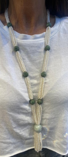 Carved Jade and Pearl Tassel Necklace
