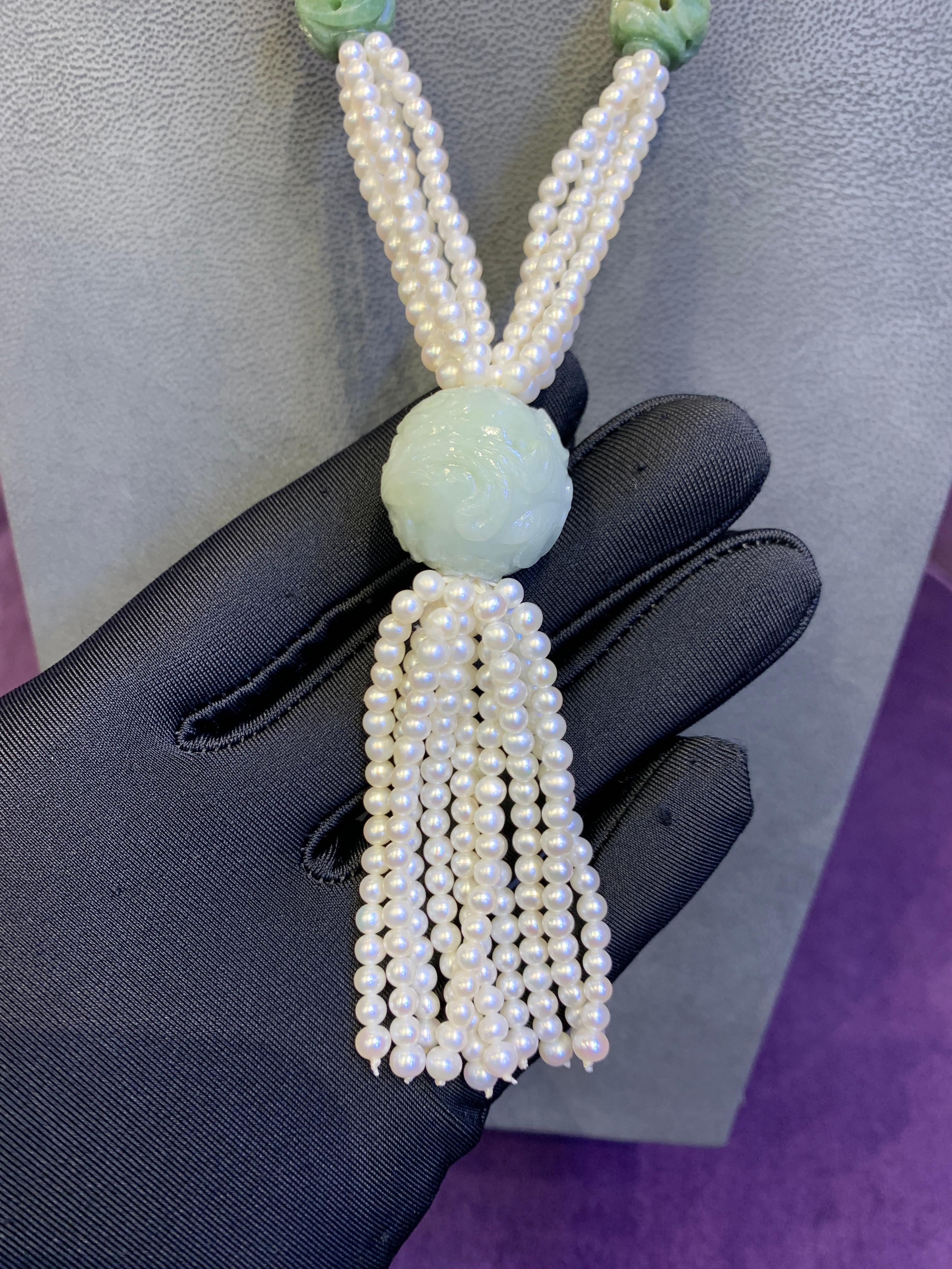 Bead Carved Jade and Pearl Tassel Necklace  For Sale