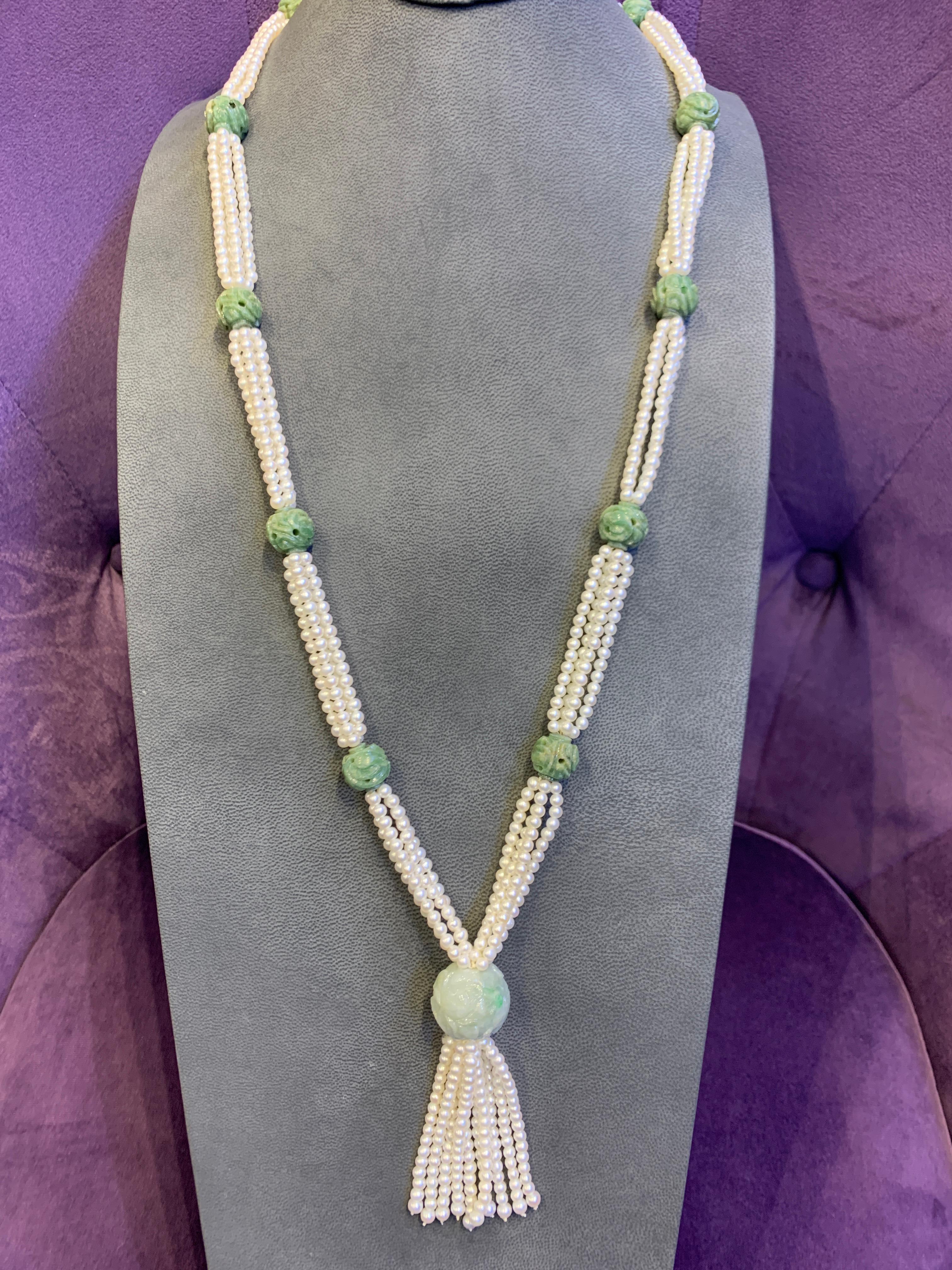 Carved Jade and Pearl Tassel Necklace  In Excellent Condition For Sale In New York, NY
