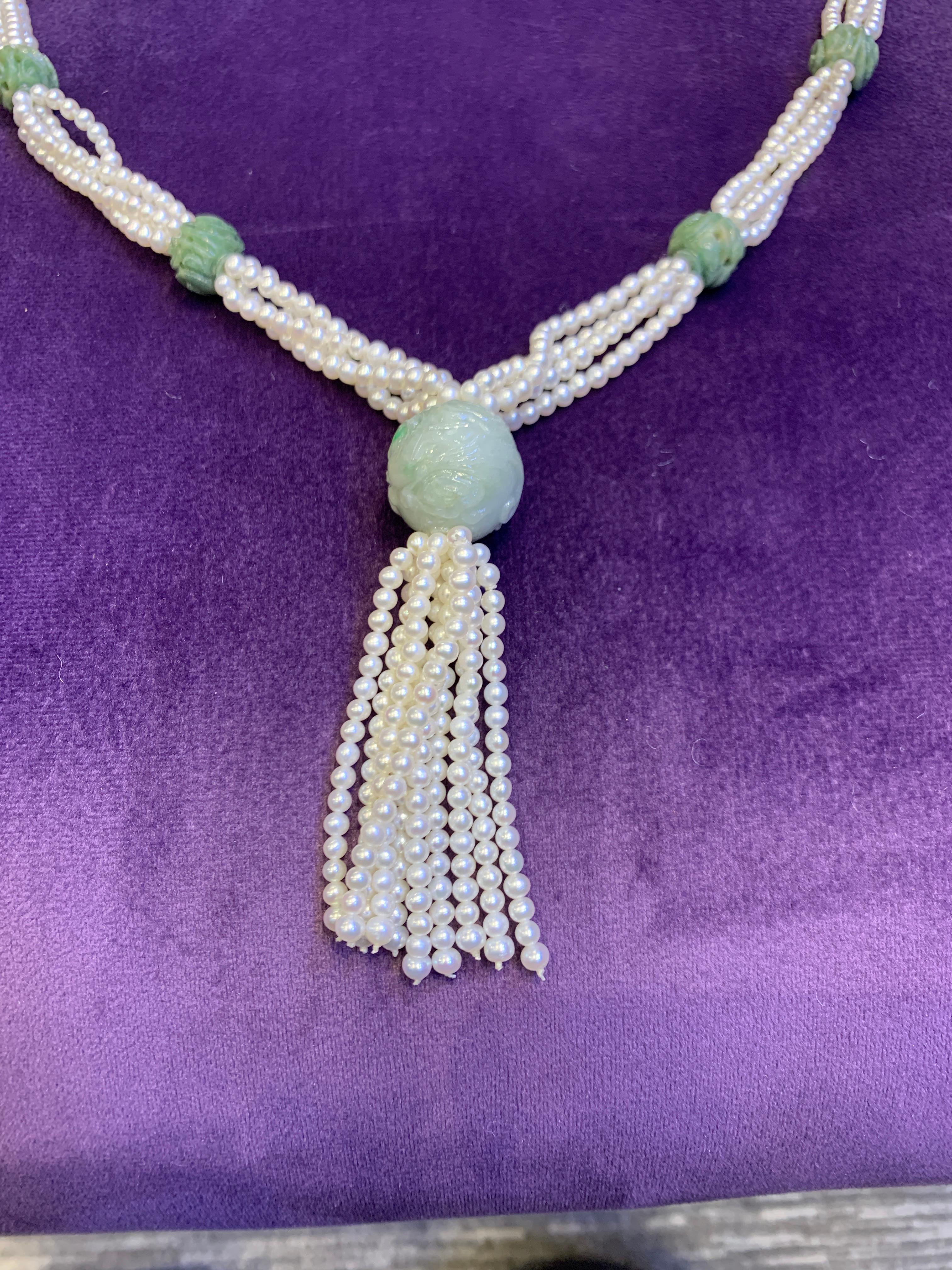 Carved Jade and Pearl Tassel Necklace  For Sale 1