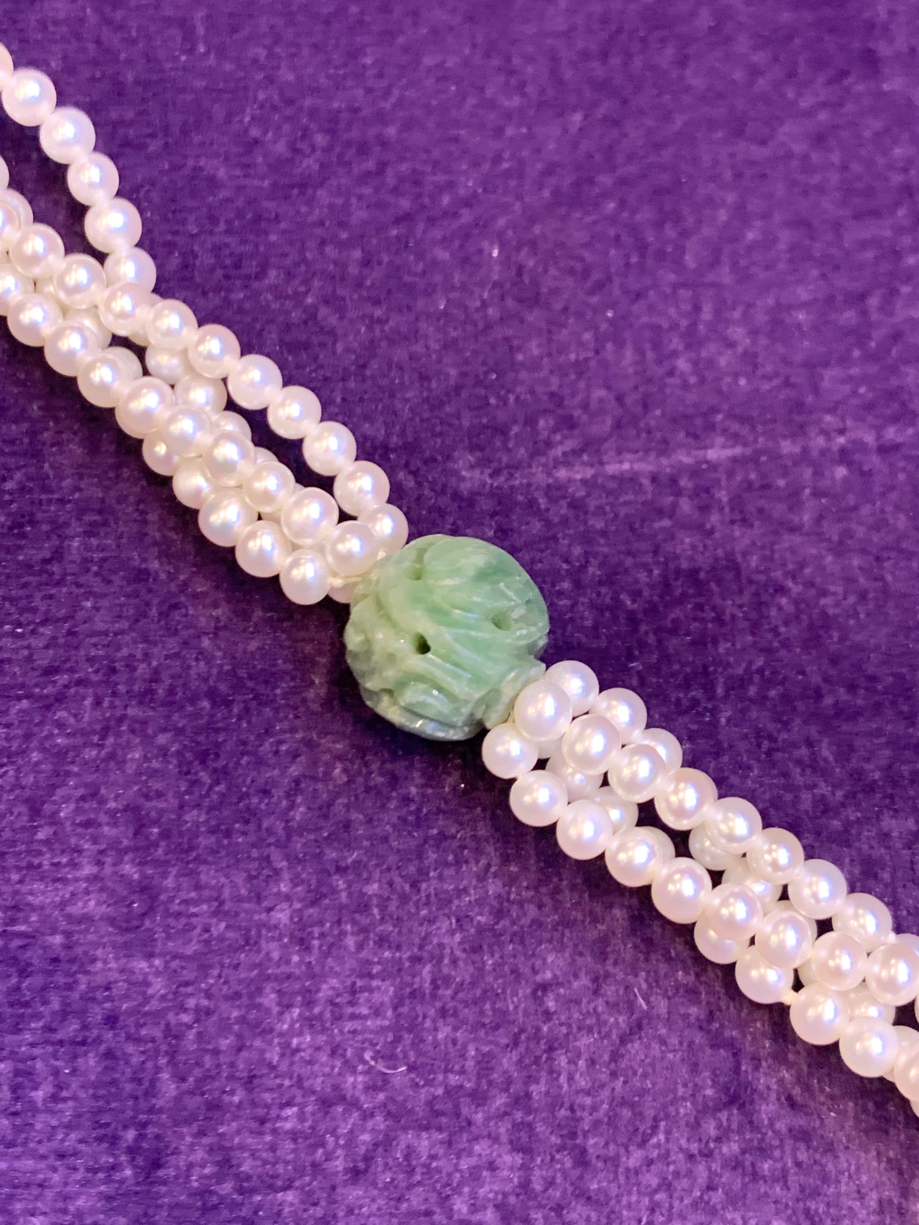 Carved Jade and Pearl Tassel Necklace  For Sale 2