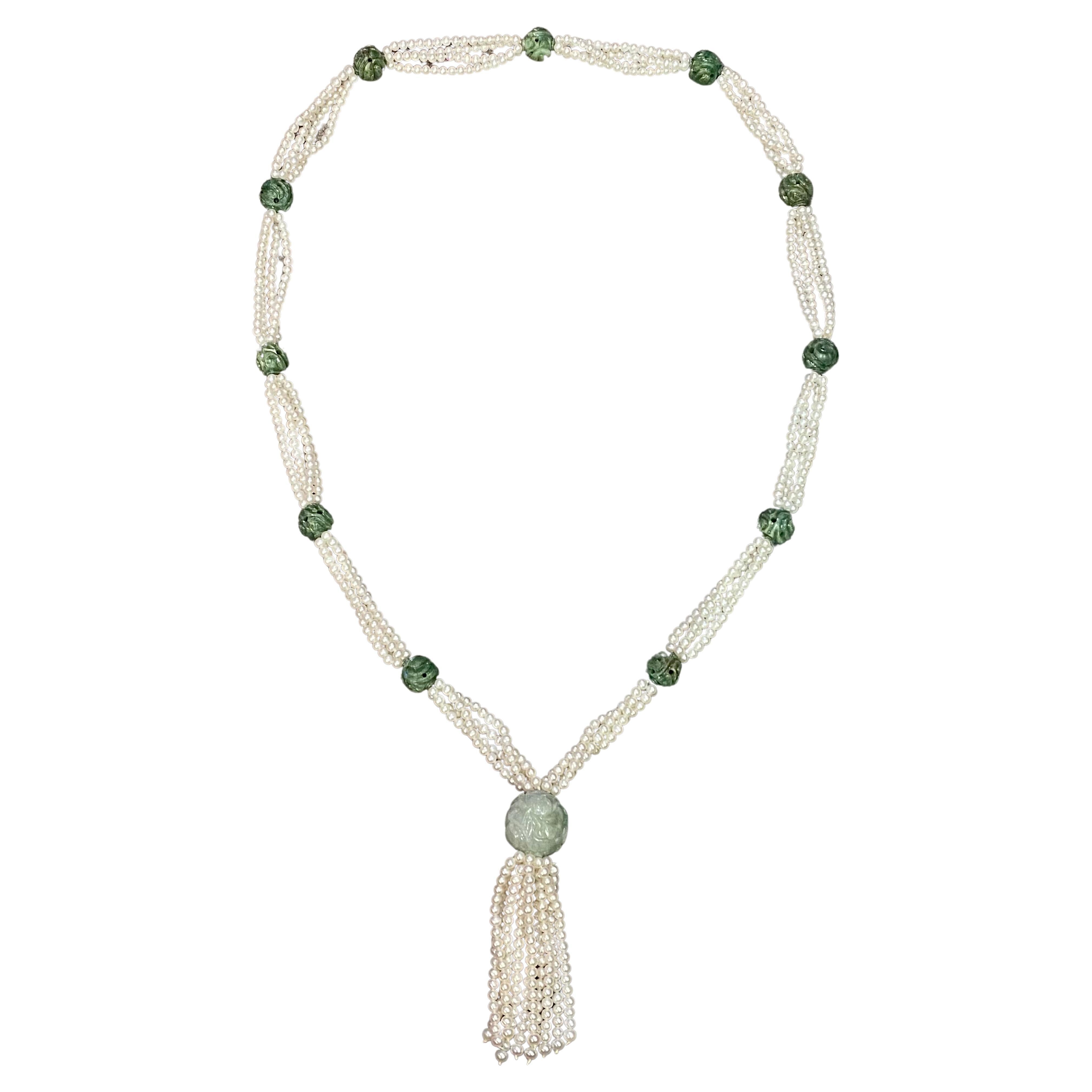 Carved Jade and Pearl Tassel Necklace  For Sale