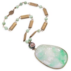 Carved Jade Bat and Floral Pendant Dyed Quartzite Beaded Necklace