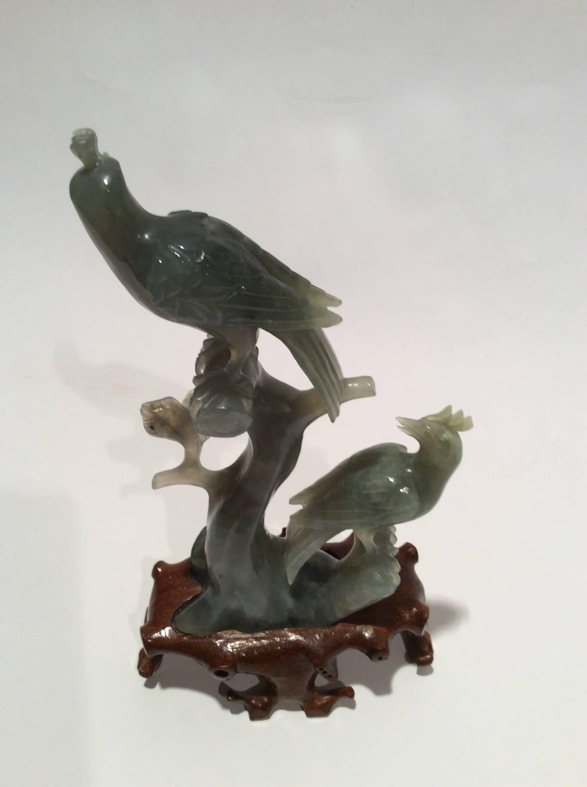 Chinese Carved Green Hardstone Birds on Branches
