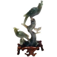 Carved Green Hardstone Birds on Branches