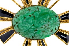 Carved Jade, Black and White Enamel Radiant Brooch