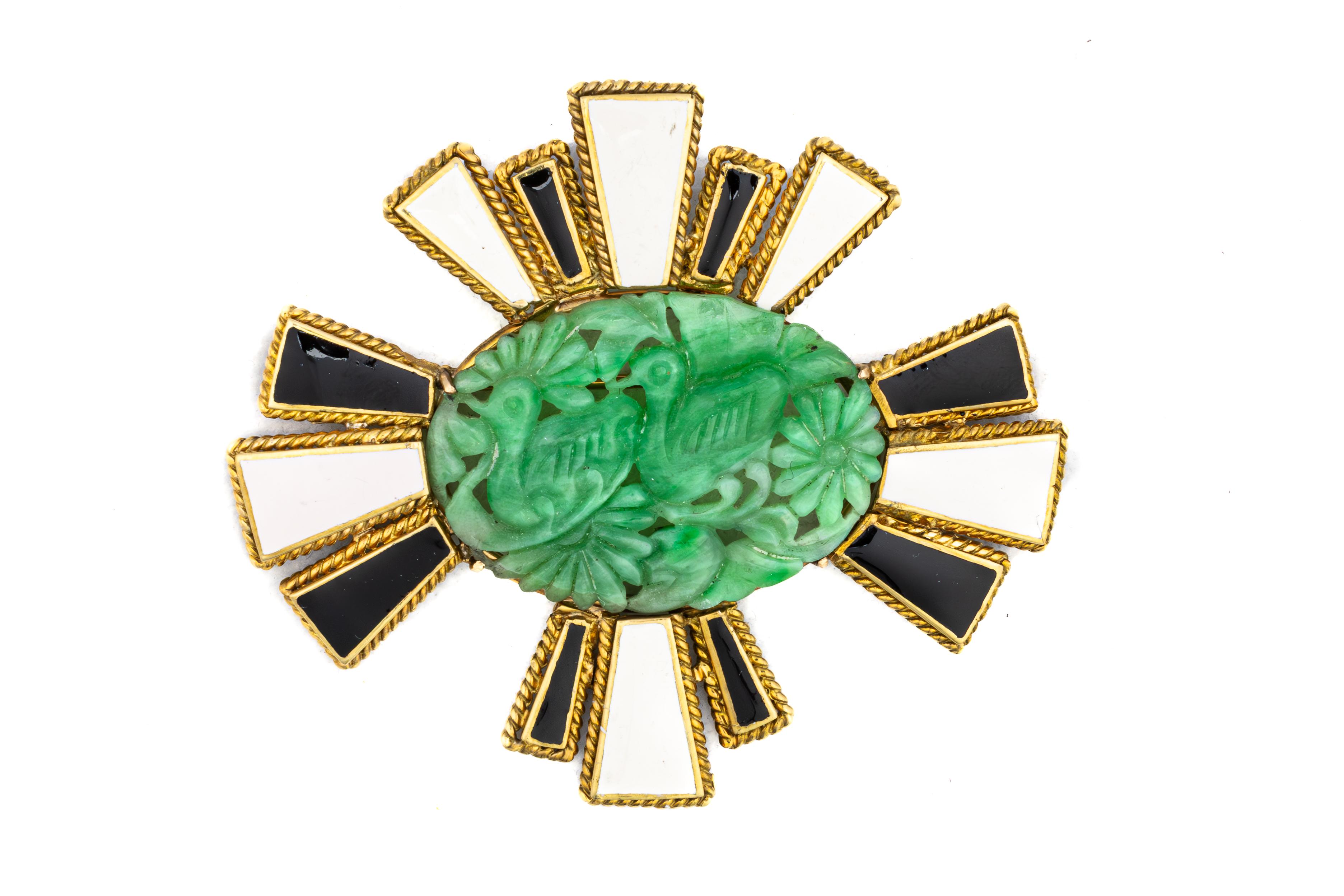 Carved Jade, Black and White Enamel Radiant Brooch