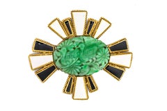 Carved Jade, Black and White Enamel Radiant Brooch