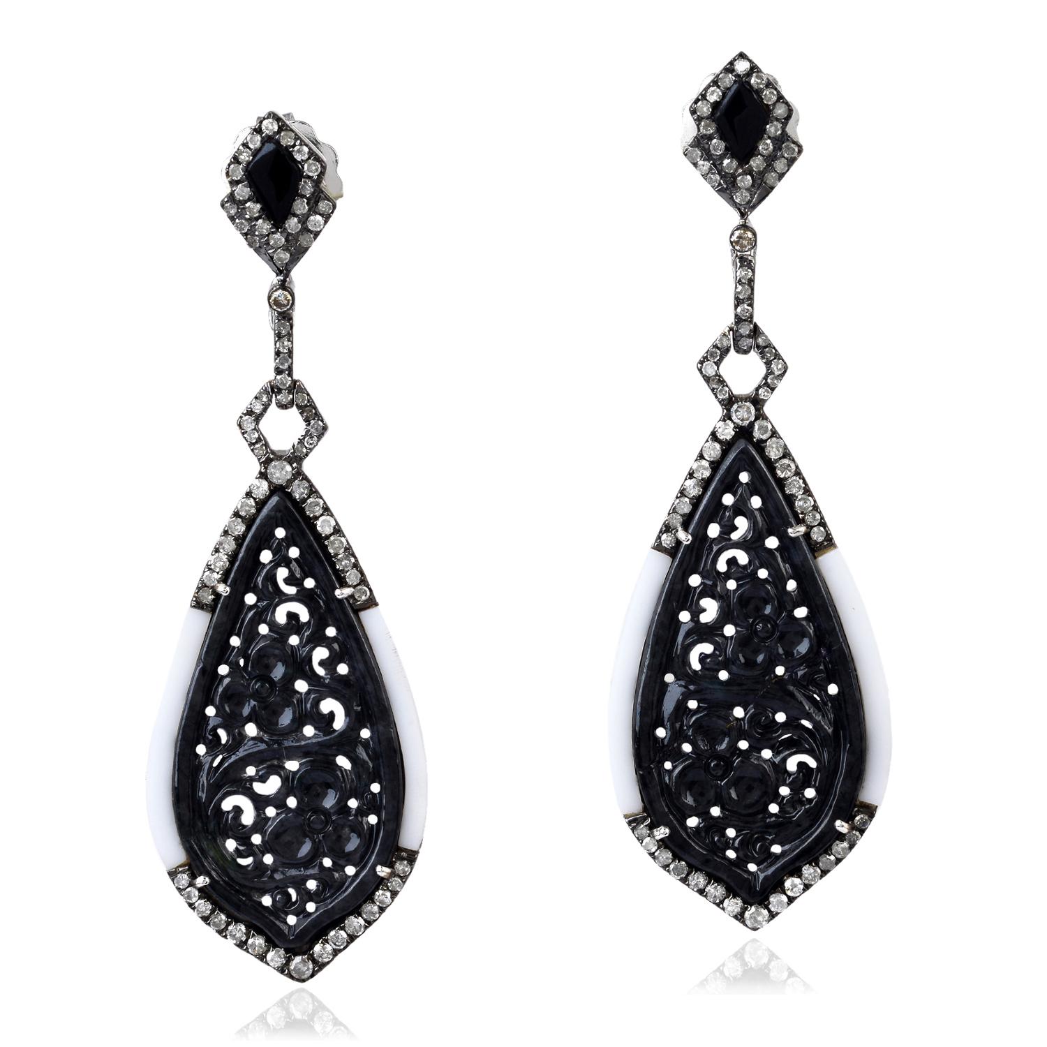 Art Nouveau Carved Jade & Black Onyx Earring with Diamond & White Agate in 18k Gold & Silver For Sale