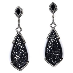 Carved Jade & Black Onyx Earring with Diamond & White Agate in 18k Gold & Silver