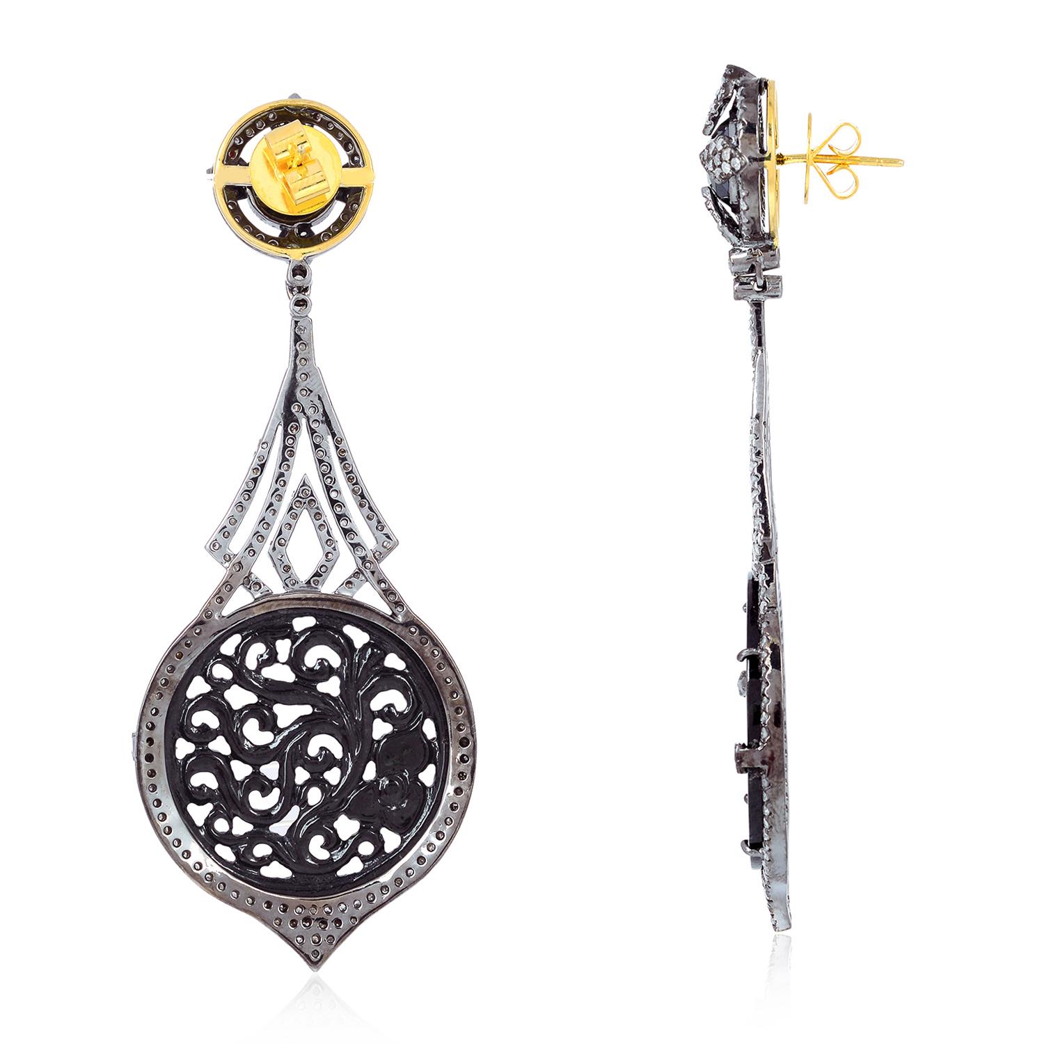 Art Nouveau Carved Jade & Black Spinel Earring With Diamonds Made In 18k Gold & Silver For Sale